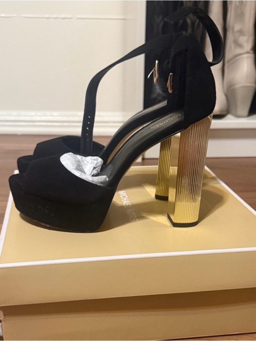 Michael Kors Black Suede Platform Heels with Gold Ribbed Block Heel